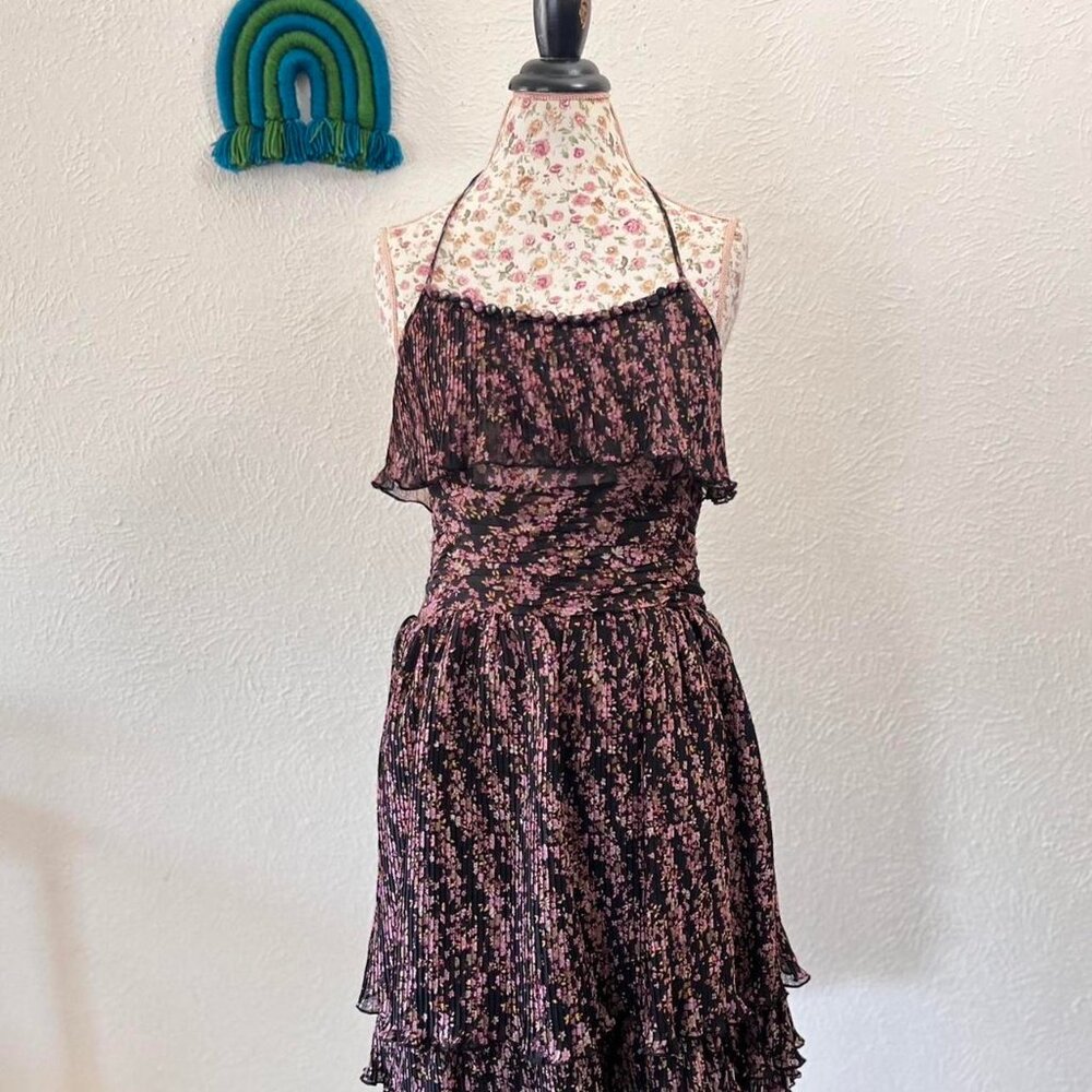 Romeo and Juliet Couture Pink and black floral halter dress with ruffle details